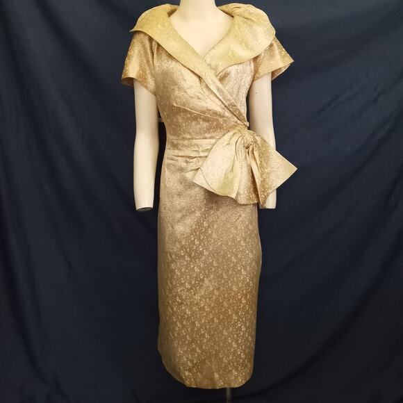 Vintage Couture Gold Brocade Cocktail Dress Cream M Bow Pouf Collar Short Sleeve - Picture 1 of 10